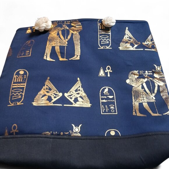 Midnight Blue Egyptian Graphic Beach Bag w/ Rope Handles & Gold Foil Design NWOT - Picture 7 of 9